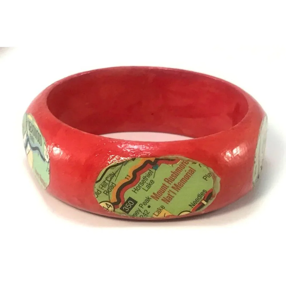 Altered Red Wood Bangle Bracelet with Deadwood Black Hills Map Collage - Picture 5 of 6
